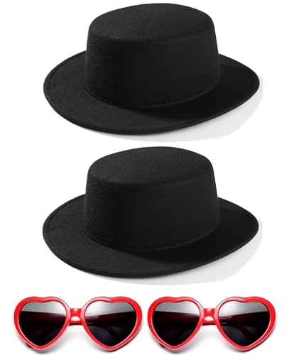 2 Pack Black Fedora Hats Red Heart Sunglasses Costume for Kids, Fashion Flat Wide Brim Round Hats