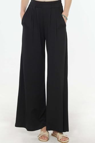 noflik Women's Comfy High Waisted Knit Wide Leg Yoga Pants Business Casual Elastic Waist Loose Trendy Trousers with Pockets4