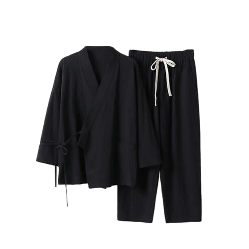 Men's Cotton Linen Two Pieces Sets Lace-Up Kimono Tops Ninth Pants Casual Suit Male Suit