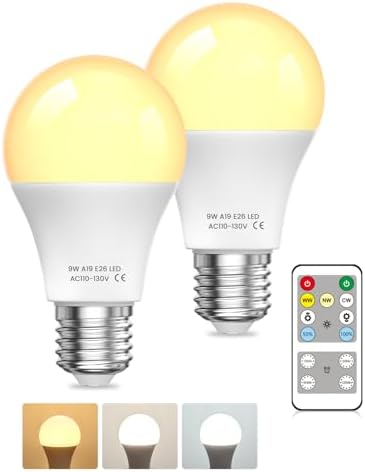 A19 LED Light Bulbs with Remote Control, 9W LED Bulbs 60W Equivalent, 3000K-6000K Dimmable Bulbs E26 Base, Remote Control Light Bulbs with Timing, Memory Function, for Home Decor, 2Bulb & 1Remote