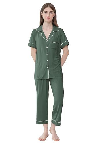 Image of Joyaria Bamboo Viscose Cooling Pajamas for Women Capri Button Front Pjs Set | Ideal for Night Sweats, Hot Sleeper Friendly, Breathable & Moisture Wicking, Short Sleeve Top