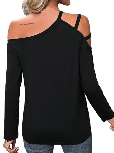 LilyCoco Women's Cold Shoulder Long Sleeve Top Asymmetrical Loose Casual Shirts2