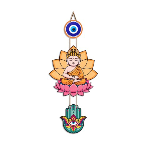 Image of Artvibes Buddha Lotus Wall Hanging with Evil Eye and Hamsa Hand | Spiritual Meditation Decor for Positive Energy & Mindfulness | Decorative Hanging for Living Room | Yoga Room and Entrance (WH 8593N)