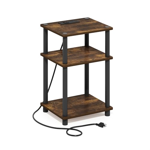 Image of Furinno Just 3-Tier Turn-N-Tube Open Storage Side Table, End Table with USB and Type-C Charging Station, Amber Pine /Black