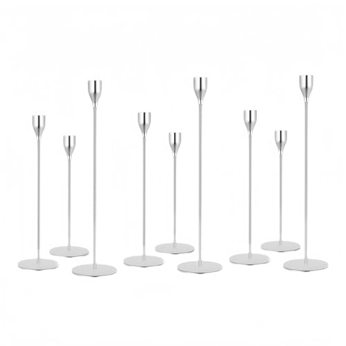 Vintage Gold Candle Holders Set for Taper Candles – 6 Pcs Metal Candle Holder Set for Christmas Decor, Holiday Table Centerpiece, Wedding Gift, Long Candle Sticks (Silver, 9)