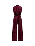 CIDER Velvet High Neck Ruched Zipper Wide Leg Jumpsuit: Burgundy, M