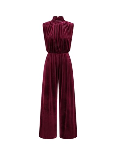 Cider Velvet Jumpsuit High Neck Ruched - Women Dressy Wide Leg One Piece Evening Outfit