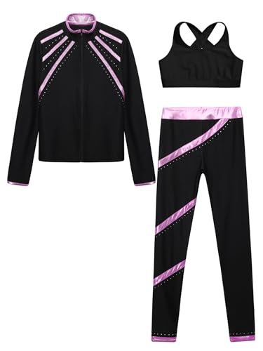 Hansber Kids Girls 3Pcs Dance Sports Outfit Crop Top Leggings with Long Sleeve Zipper Jacket Gym Yoga Training Tracksuit3