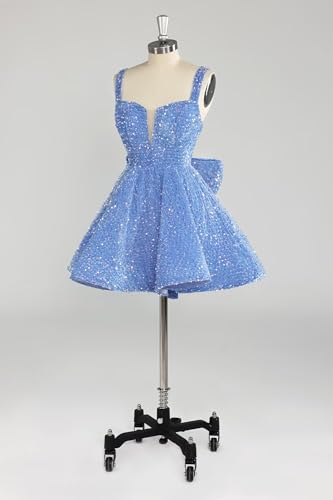 Fu Jiang Sparkly Sequin Homecoming Dresses 2025 Short Spaghetti Straps V Neck Cocktail Party Gowns with Bow4