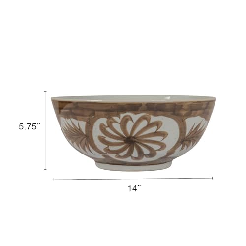 Image of Creative Co-Op Hand-Painted Stoneware Bowl with Water Color Floral Design, Brown