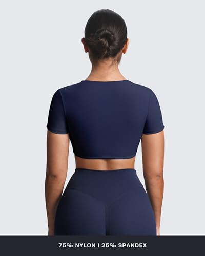 Image of Aoxjox Short Sleeve Crop Tops for Women Sienna Twist Deep V Workout Cropped T Shirt Top