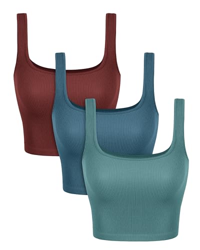 Image of ODODOS 3-Pack Seamless Square Neck Crop Tank for Women Ribbed Knit Soft Low Back Cropped Tops