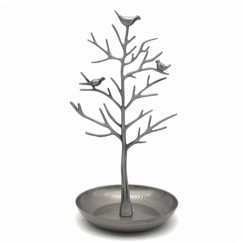 アンティーク風 小鳥がとまる 美しい ツリー型 アクセサリースタンド 30cm (アンティークシルバータイプ)