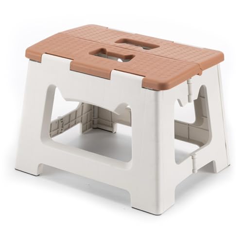 Image of ZLMHYYM 9'' Folding Step Stools for Kids and Adults, Hold Up to 300 lbs, Portable Foldable Step Stool for Toddlers, Plastic Small Collapsible Stepping Stools with Handle for Kitchen Bathroom (Khaki)