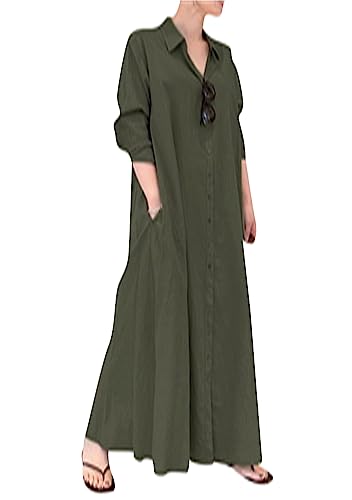 OMZIN Damen Baumwolle Und Leinen Maxi Revers Tunika Kleid Oversize Button down Einfarbige Bluse Kleid Army Green XL