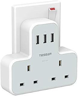 Plug Adapter with 3 USB Plug, TESSAN Double Plug Adaptor Extension Plug, 2 Way Multi Plug Extension with USB Charger Plug, Slim Multiple Plug Socket UK for Kitchen, Office