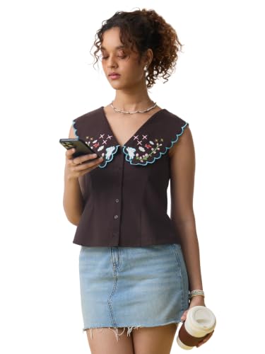 Image of The Souled Store Bunny Women and Girls Sleeveless V Neck Brown Embroidered Cotton Slim Fit Lightweight Breathable All-Season Casual Tops