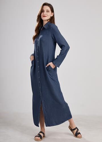 utcoco Womens Casual Button Down Denim Maxi Dress Lapel Long Sleeve Long Jean Dresses with Pockets3