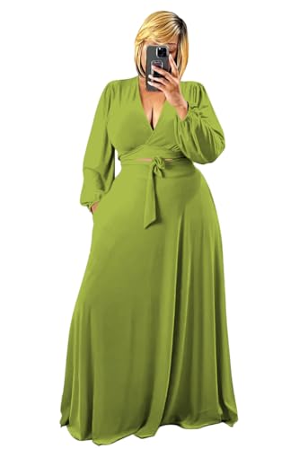 Image of Plus Size Women's 2 Piece Outfits Casual Long Sleeve Wrap Crop Top Maxi Long Dress Flowy Matching Sets