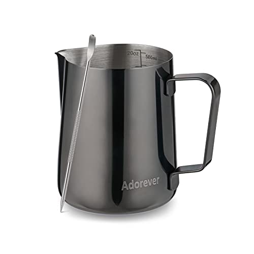 Image of Milk Frothing Pitcher, 600ml (20oz) Steaming Pitchers Stainless Steel Milk Coffee Cappuccino Latte Art Barista Steam Pitchers Milk Jug Cup with Decorating Art Pen, Bright Black