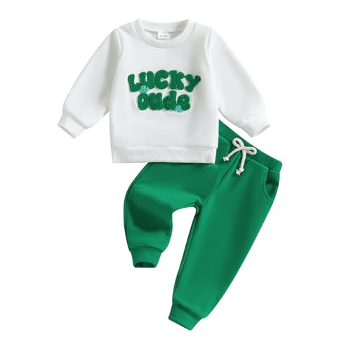 Toddler St Patricks Day Outfit Boy Clover Lucky Clover Long Sleeve Sweatshirt Pants Set Cute Baby Boy Spring outfits(A-White Lucky Dude,2-3T)