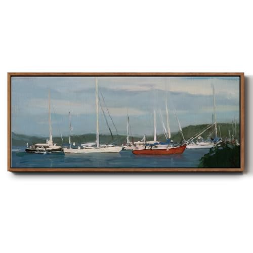 Renditions Gallery Floater Frame Wall Art Numerous Boats Waiting to Sail Abstract Wall Hangings for Lounge Lobby Decor - 8"x20" Walnut Frame LT610