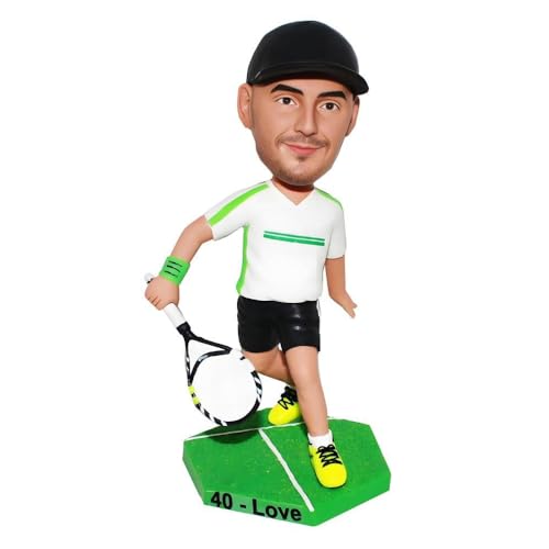 MEJELE Custom Tennis Player Bobblehead, Sports Figurine with Racket, Green Court Base Sculpture,Professional Retirement Gift Office Decoration