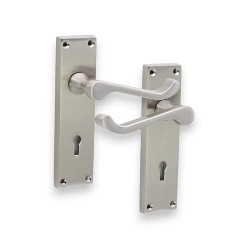 Infinity Decor Set of Satin Nickel Victorian Scroll Lever Lock Door Handle on Rectangular Backplate Key Lock Lever for Interior and Exterior Use