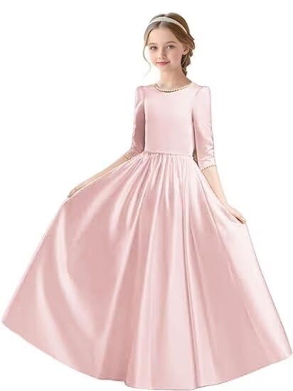 Satin Flower Girl Dresses for Wedding Pearls Pageant Dresses for Girls Birthday Party Ball Gown with Bow-Knot
