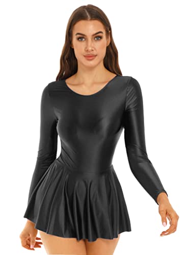 Mufeng Women Oily Glossy Tenins Dress with Briefs Long Sleeve Tank Short Pleated Dance Dress Black Small