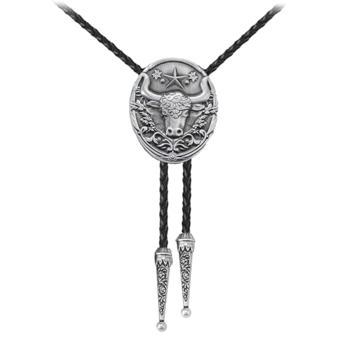 Image of Joxevyia Bolo Tie for Men Vintage Cow Skull Leather Rope Western Cowboy Necktie Vintage Bola Tie Gift for Him