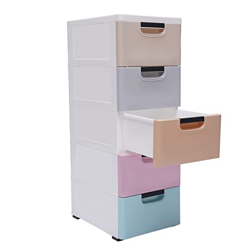 WINNIESHOP 5 Drawers Stackable Storage Drawers Plastic Storage Drawers Collapsible Storage Bins Plastic Clothes Organizer Drawers Storage for Living Room,Bedroom,Office (Light Colors, 11.81 W)