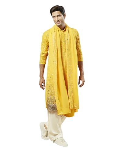 Image of VASTRAMAY Men Men's Yellow Georgette Kurta Patiala And Dupatta Set