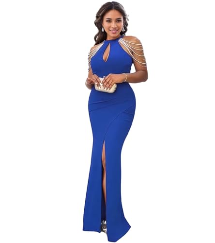 Image of Jigfar Women Sexy Elegant Rhinestone Mesh See Through Party Club Night Split Bodycon Formal Maxi Dress