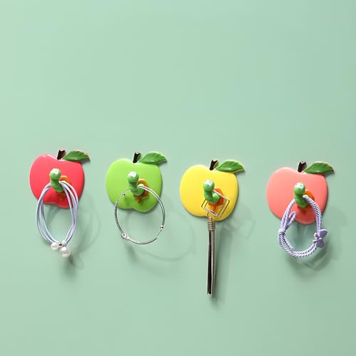 Mulomir 4 Stück Selbstklebende Kleiderhaken, Schlüsselhalter, Kreativer Selbstklebender, Süßer Schlüsselhaken in Apfelform, Aufbewahrungs- und Wanddekoration, Ohne Stanzen