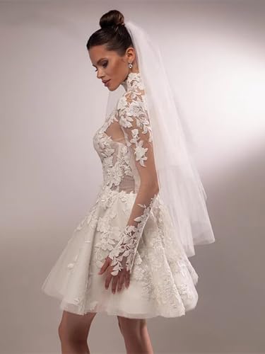 Lace Short Wedding Dresses for Bride Tulle Long Sleeve Wedding Dress for Women Elegant A Line Bridal Shower Dress4