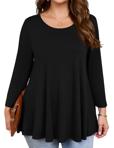 JollieLovin Womens 3/4 Sleeve Loose Fit Swing Tunic Tops Basic T Shirt(2X,Black)