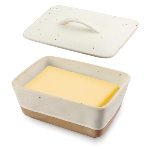 MHwan Beurrier Ceramique, Design Vintage, Compatible avec Toutes les Plaques de Beurre Standard (250 g), Passe au Lave-Vaisselle, Préserve l'Arôme du Beurre, du Fromage et des Produits Laitiers(Blanc)