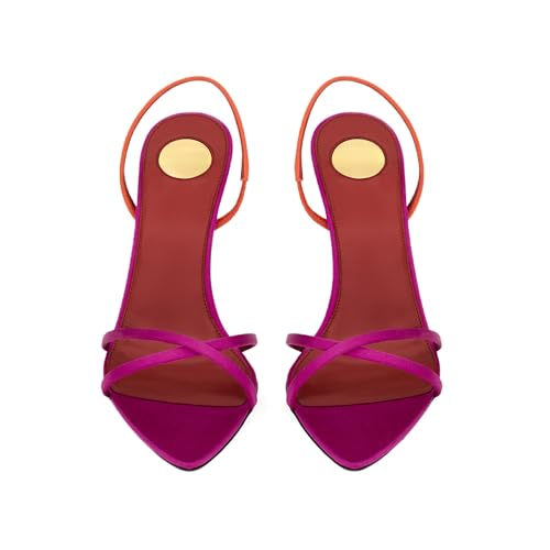 Fuazuzu Colorful Satin Slingback Sandals for Women Strappy Two-Tone Stiletto Heels Sandals Sexy Crisscross Open Toe Shoes Trendy Fashion Evening Party Daily Dressy, Hot Pink Orange, 9.5 by Fuazuzu - Image 3