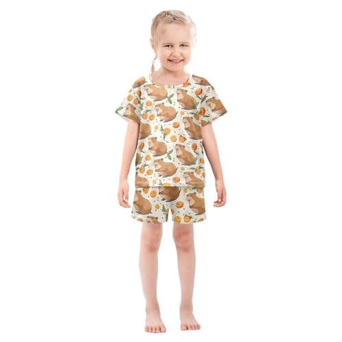ALAZA Capybara Orange Fruit Pajamas Short Sleeve 2 Piece Sleepwear Top and Bottom Pajama Set Unisex3