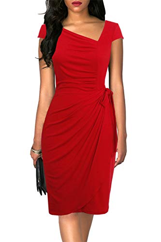 Image of Women's Vintage Cap Sleeves Asymmetrical Neckline Sheath Bodycon Casual Work Cocktail Party Pencil Faux Wrap Dresses