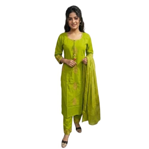 DHANSHRI Fashion Women's Cotton Embroidered Straight Kurta Pant with Dupatta Set | Round Neck | 3/4 Sleeves | Ethnic Suit Set for Casual, Office & Daily Wear-picture-19