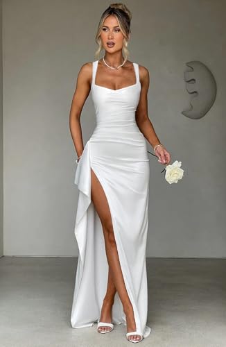 Women's Satin Prom Dresses with Slit Spaghetti Straps Mermaid Bridesmaid Dress Formal Party Gown2