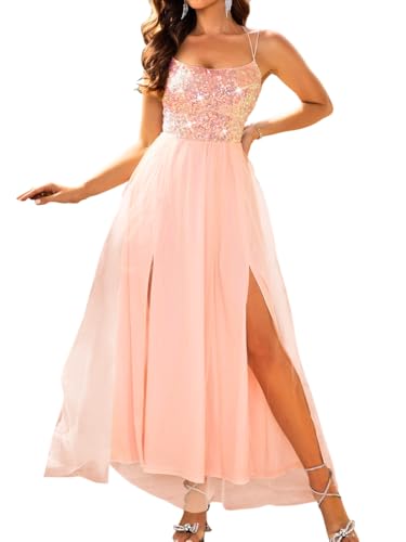 Image of ShawGobow Tulle Prom Dress with Slit,Sequin Backless Long Flowy Dresses for Women,Sexy Sparkly Outfits Homecoming Wedding