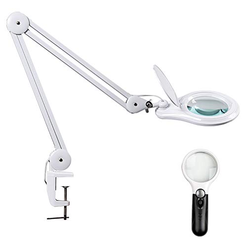 Bemelux Magnifying Desk Lamp with Clamp, 5 Inch Magnifying Glass with Light and Metal Swivel Arm, Dimming 1200 Lumen 14W Craft Hobby Led Magnifying Lamp with 60PCS Bright LEDs - with a Free Magnifier