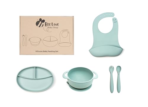 Bee Love Silicone Baby Feeding Set | BPA Free Baby Led Weaning Utensils Set with Suction Plate, Bowl, Adjustable Bib, Baby Spoon and Folk | Toddler Feeding Supplies for 6+ Months (Moody Blue)