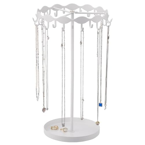 Lolalet Necklace Organizer Holder, Jewelry Display Rack Tree Stand Tall Necklaces Keychain Bracelets Hanging Storage Wooden Base Tray with 26 Metal Ho