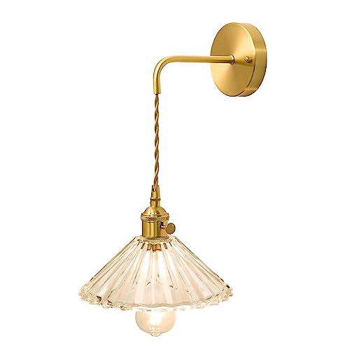 Shenmoyl Vintage 1-Light Wall Sconces Clear Umbrella Shade Pattern Glass Adjustable Chain Retro Gold Wall Mounted Light, Wall Lamp Fixtures Decor For Bedside Bedroom Indoor Doorway #TOP6