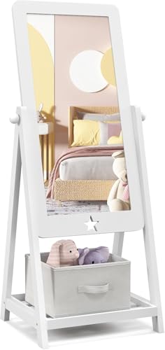 GOPLUS Espejo de Cuerpo Entero para Niños, Espejo de Vestir Independiente para Niños con Ángulo Ajustable, Estante de Almacenamiento y Contenedor de Tela, Espejo de Pie para Dormitorio Infantil