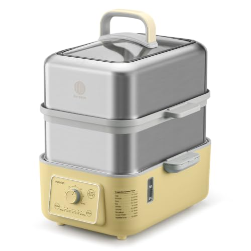 Image of BUYDEEM G52 10.6Qt Electric Food Steamer for Cooking, Mellow Yellow | 1-4 People, 2-hour Keep Warm, 7 Preset Timings, Dual Boil-Dry Protection, Stainless Steel, Glass Lid, 2 Tier